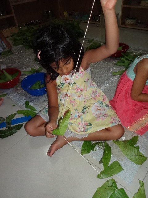Stringing mango leaves to make a Thoranam